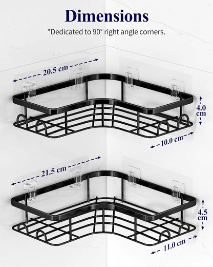 Kitsure Corner Shower Caddy - 2 Pack Rustproof Shower Organizer, Durable Shower Shelf with Large Capacity, Drill-Free Adhesive Bathroom Shelves with 4 Movable Hooks, 11.0 x 21.5 x 4.5cm, Black