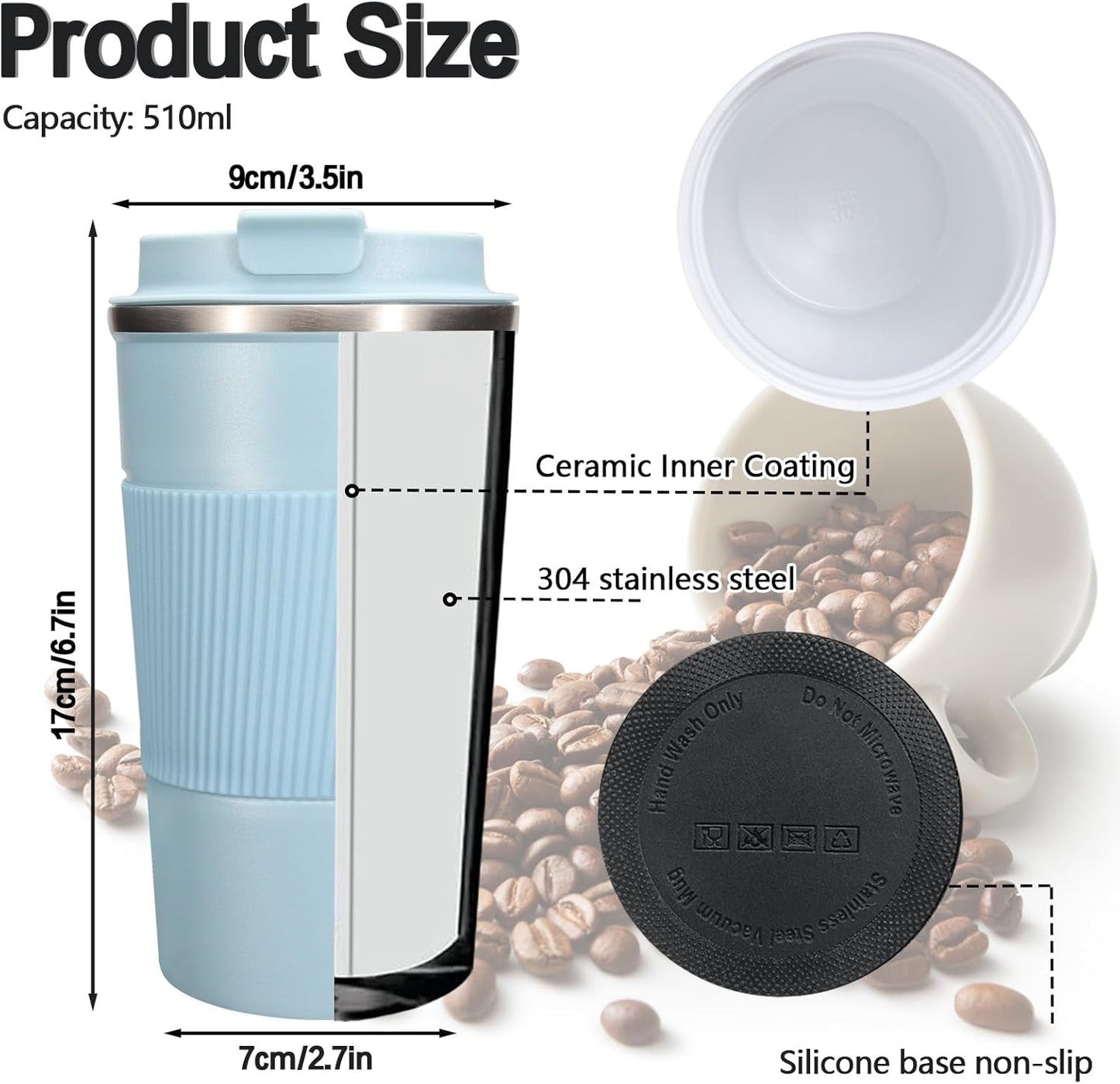 18oz Mug with Ceramic Coating Inside, Insulated Coffee Mug with Lid, Leak Proof Coffee Travel Mug, Travel Coffee Mug Fits in Car Cup Holder