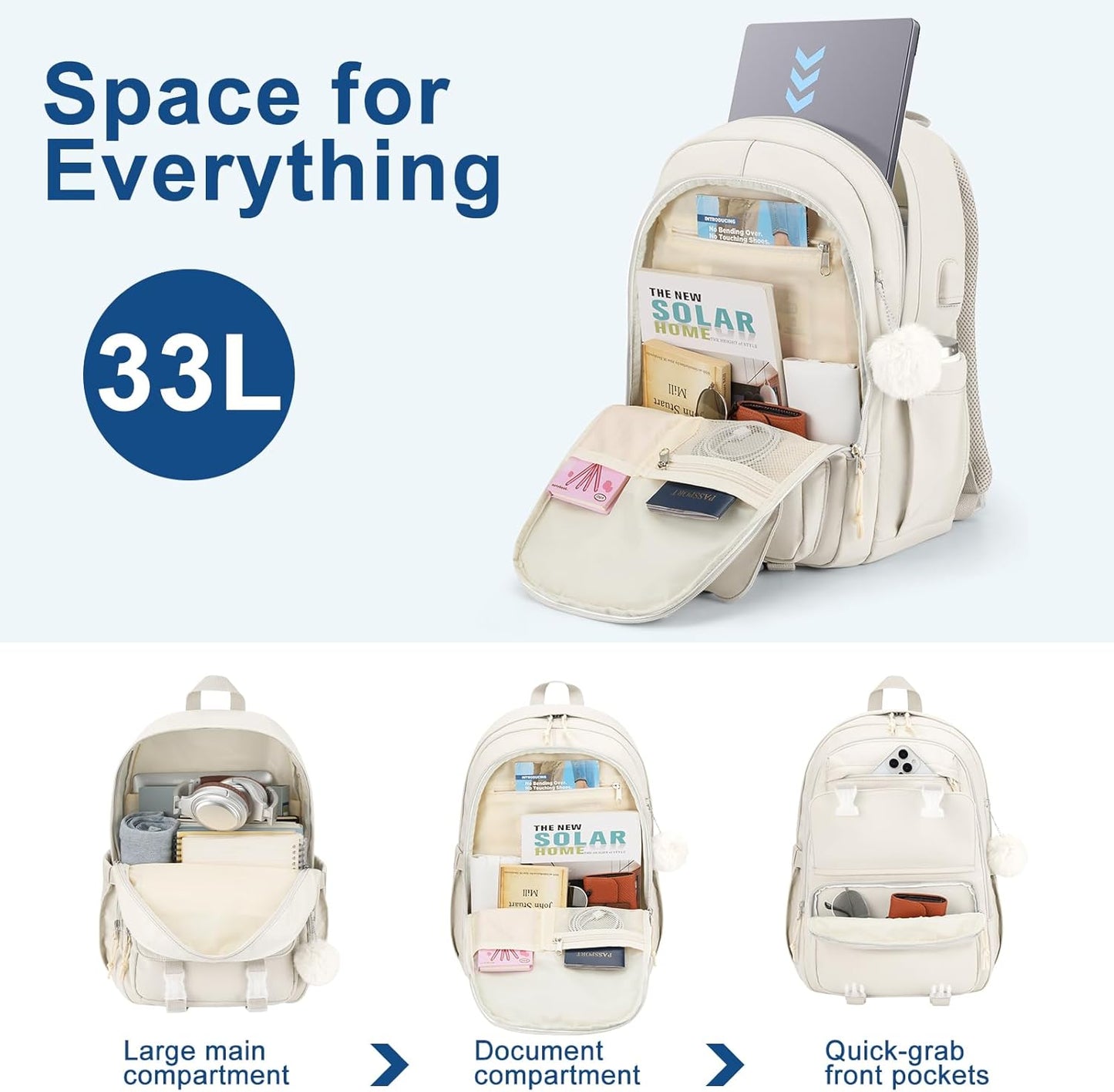 WINDARS Backpacks for Girls, 15.6 Inch School Bag Cute Waterproof laptop Bookbag Large College Backpack for Teen Women Students Anti Theft Travel Daypack Black