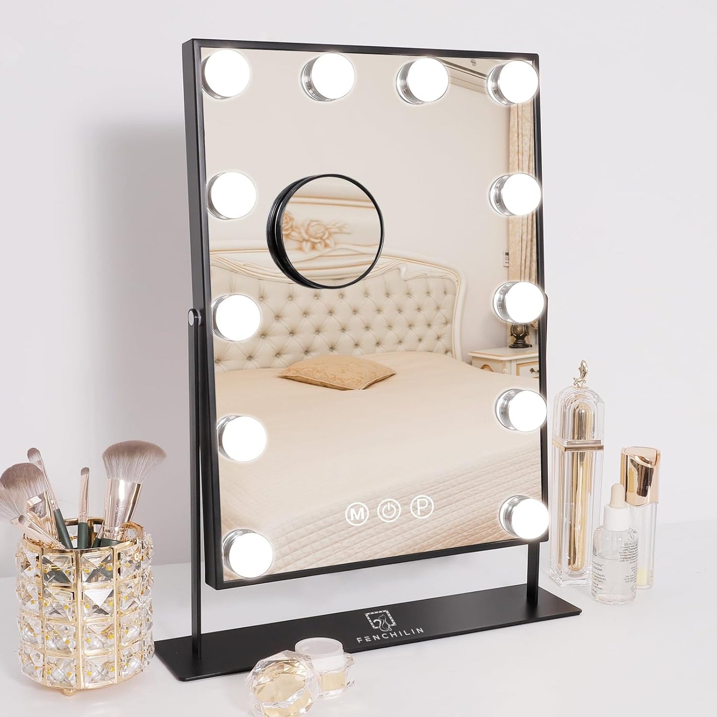 FENCHILIN Lighted Makeup Mirror Hollywood Mirror Vanity Makeup Mirror with Light Smart Touch Control 3Colors Dimmable Light Detachable 10X Magnification 360°Rotation(White)