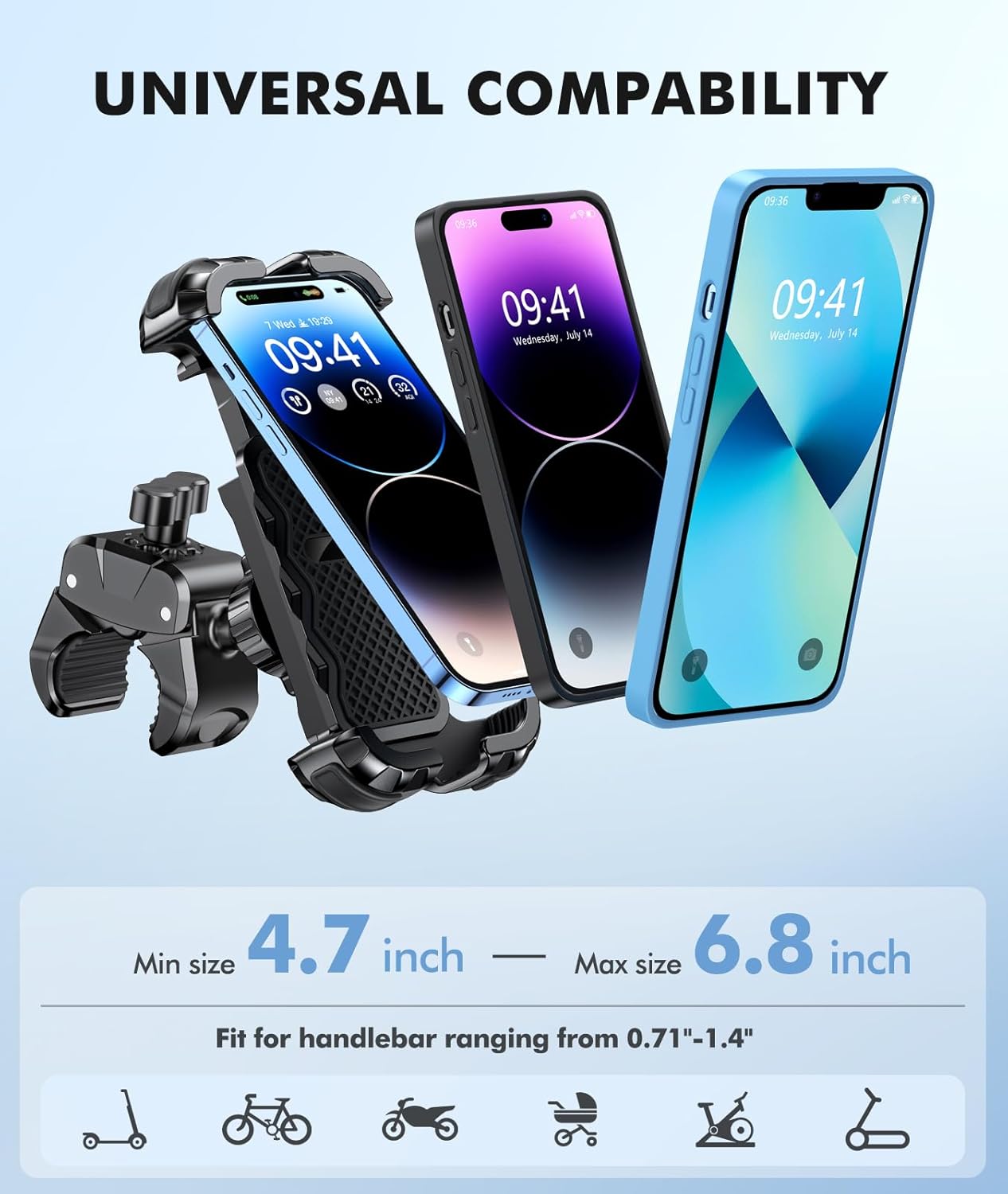 WOCBUY Bike Phone Mount, Upgrade [1s Lock][Secure Protection] Motorcycle Phone Mount, [360° Rotatable] Phone Holder for Bike Handlebar Compatible with iPhone/Samsung 4.7-6.8" Cell Phone