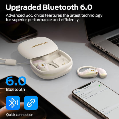 Monster Open Ear AC510 Earbuds, Bluetooth6.0 Wireless Earbuds, Stereo Sound Ear Buds with AI Intelligent Noise Reduction, Type-C Charging, Touch Control, 30H Playback, IPX6 Waterproof Earphones(White)