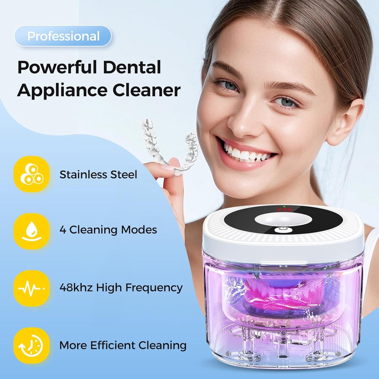Ultrasonic Retainer Cleaner, Upgraded 48kHz Dental Cleaner Machine for Braces, Mouth Guard Cleaner, Toothbrush Heads, Jewelry, 4 Modes Retainer Cleaner with 200ML Capacity (White)