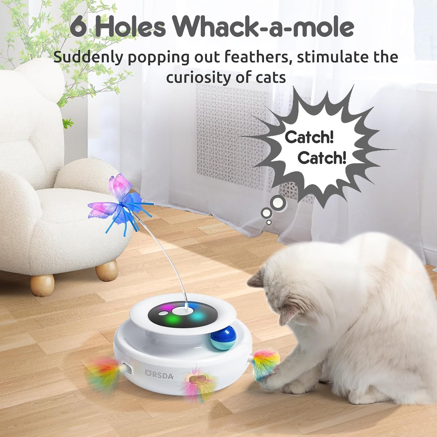 ORSDA Cat Toys Rechargeable, 3 in 1 Automatic Cat Toy, Moving Ambush Feather, Fluttering Butterfly, Track Balls, Whack a mole, with 4 Attachments