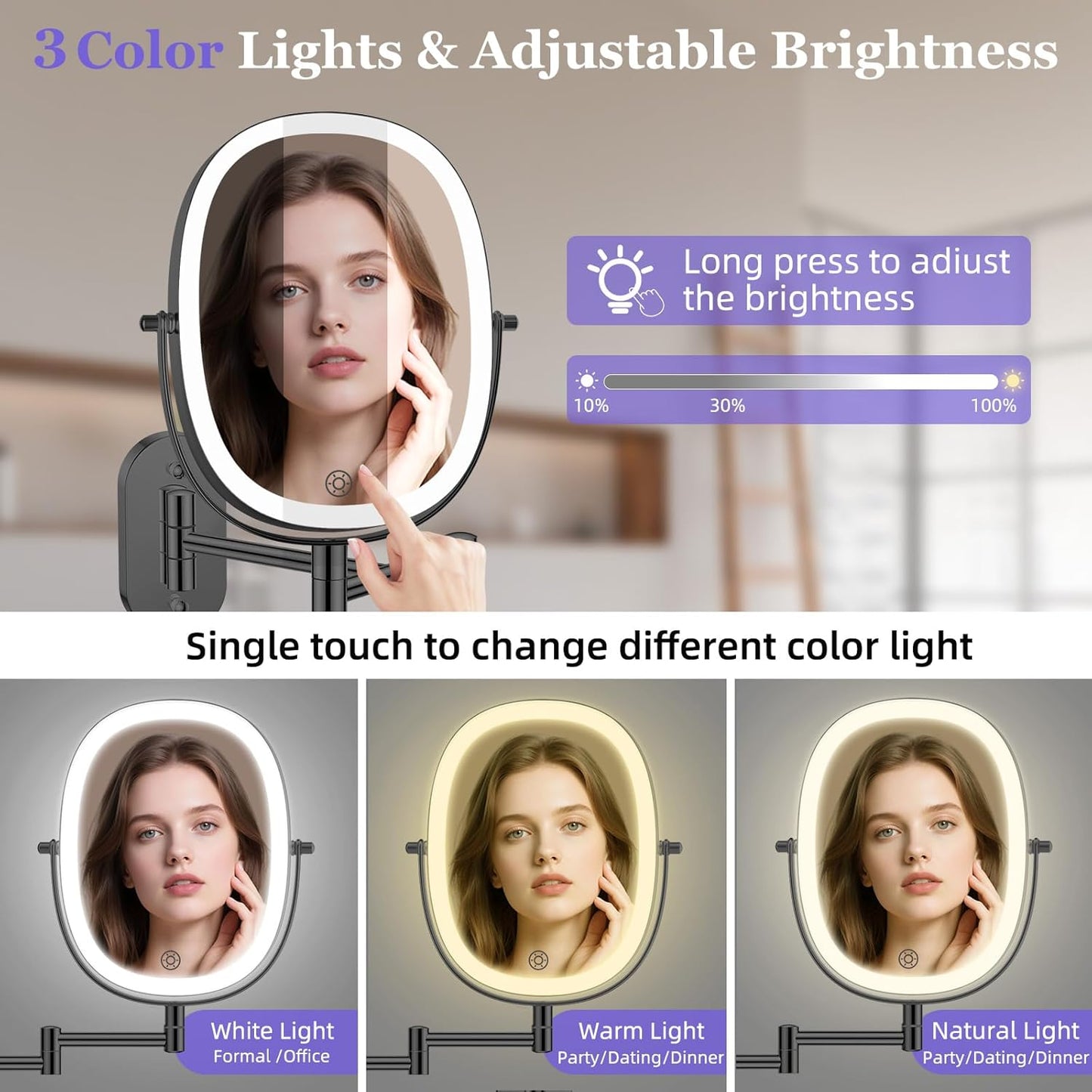 FUNTOUCH 5000mAh Rechargeable Wall Mounted Makeup Mirror, Double Sided Touch Switch 20X/1X Rectangle Wall Mounted Magnifying Mirror with Light, 3 Color Setting, Extended Arm 360°Swivel Foldable,Black