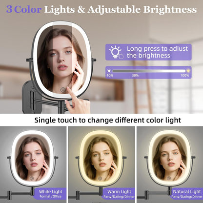 FUNTOUCH 5000mAh Rechargeable Wall Mounted Makeup Mirror, Double Sided Touch Switch 20X/1X Rectangle Wall Mounted Magnifying Mirror with Light, 3 Color Setting, Extended Arm 360°Swivel Foldable,Black