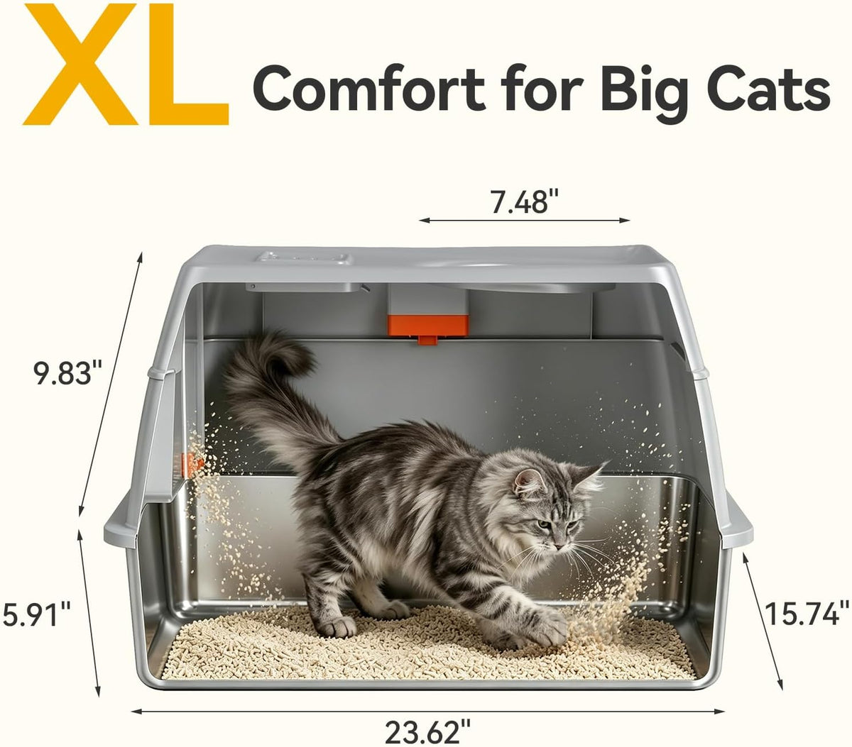 Extra Large Stainless Steel Litter Box with Lid, High Sided Enclosed Metal Cat Litter Pan, Dog Proof Front Entry Top Exit, Odor Control Easy Clean Leak Proof, Includes Scoop & Step, Light Gray