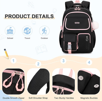 3PCS School Backpack for Girls with Lunch Box Pencil Pouch for Teen Girls Children Elementary Primary Middle High College Daypack School bag Bookbag Set Pink