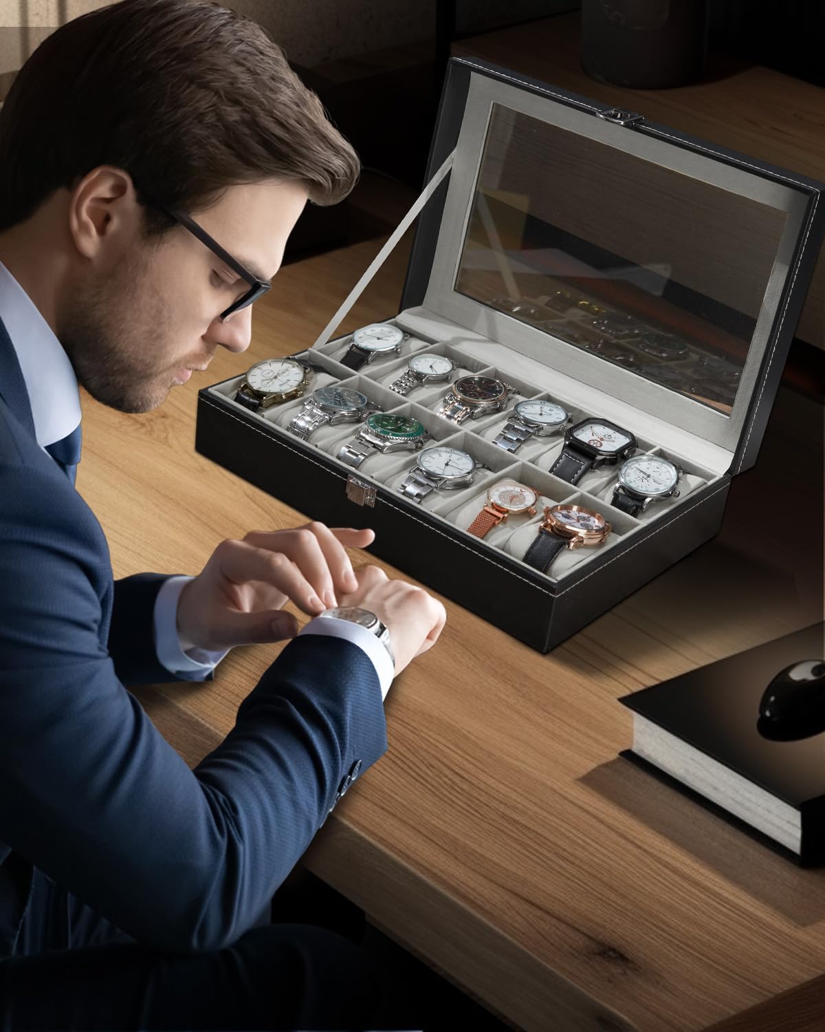 Ohuhu Watch Box Organizer for Men -12 Slot Leather Watch Case with Real Glass Lid Watch Display Case, Watch Organizer Jewelry Storage Box
