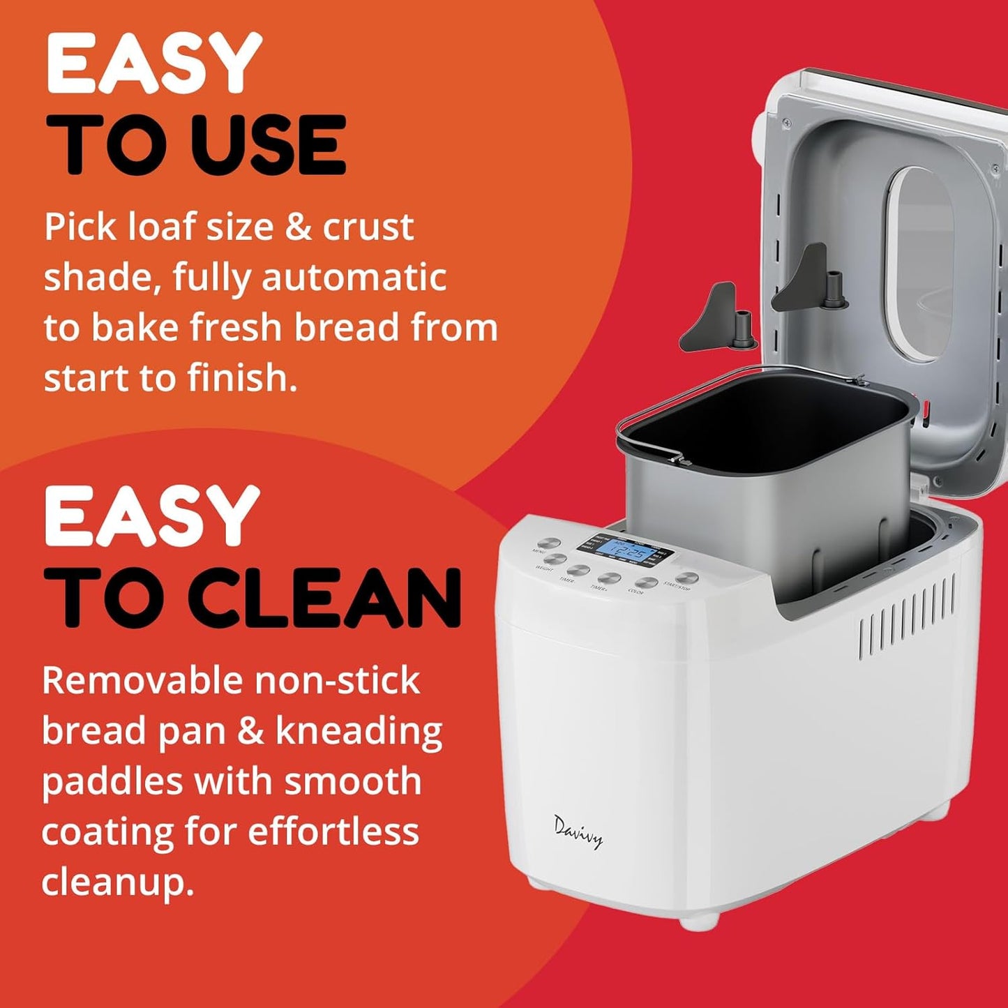 Davivy 3LB Large Capacity Bread Machine, 850W Powerful Automatic Bread Maker with 15 Programs, 3 Crust Colors & 1.5H 3LB Quick Bake, Nonstick Pan, 15H Delay Timer for Gluten Free Yogurt Dough