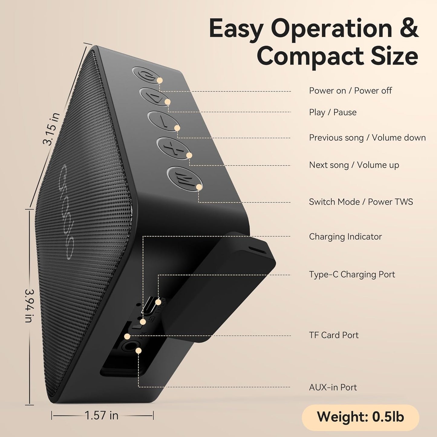 Oraolo Bluetooth Speaker, IPX6 Waterproof Portable Bluetooth Speaker with Stereo Sound, Bluetooth 5.0, TWS Pairing, Support AUX/TF Card, Small Wireless Speaker for Home, Shower, Outdoors, Travel