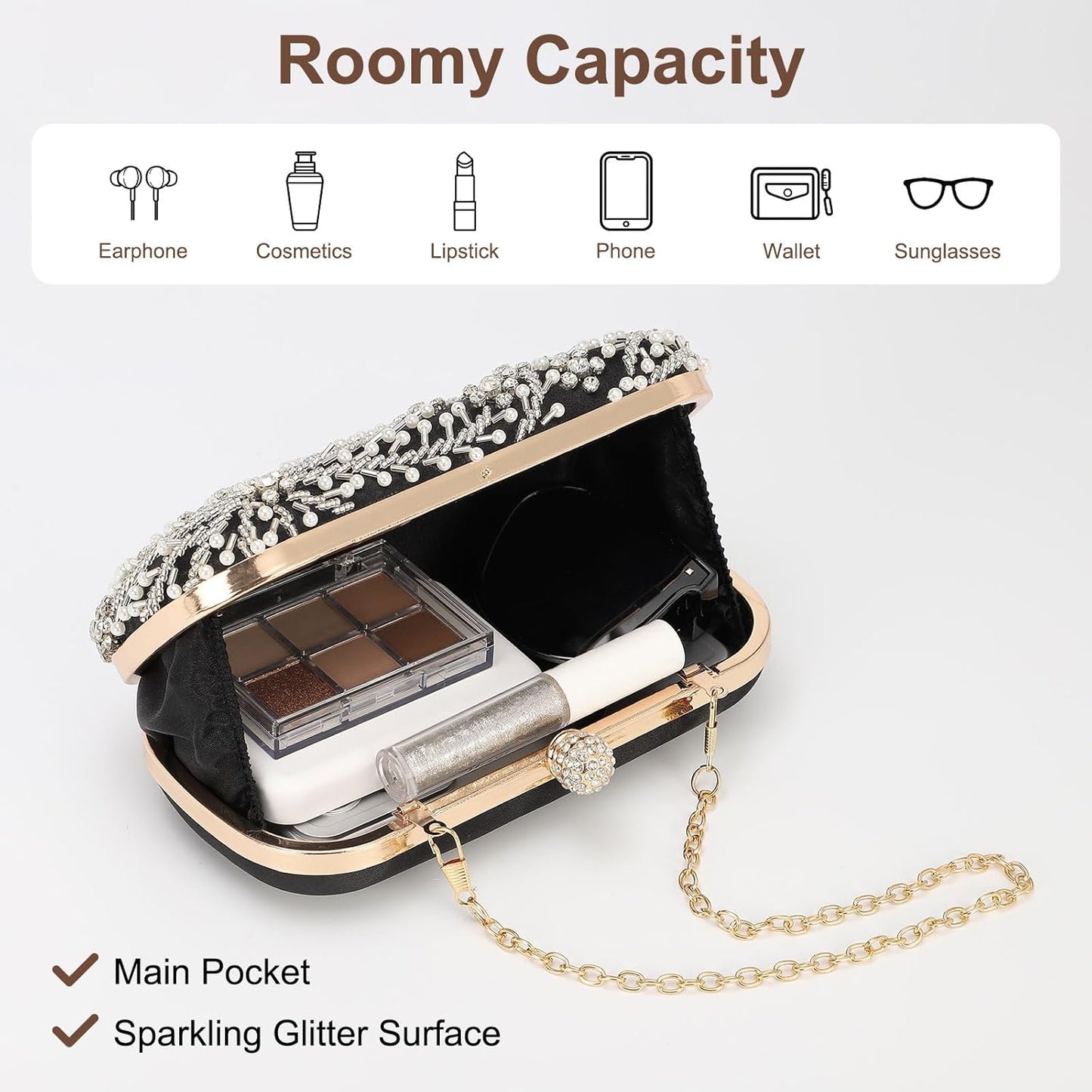 DTGN Evening Bags Clutch Purses for Women Formal, Bridal Purses Rhinestone Handbags Shoulder Bag with Chain Sparkly