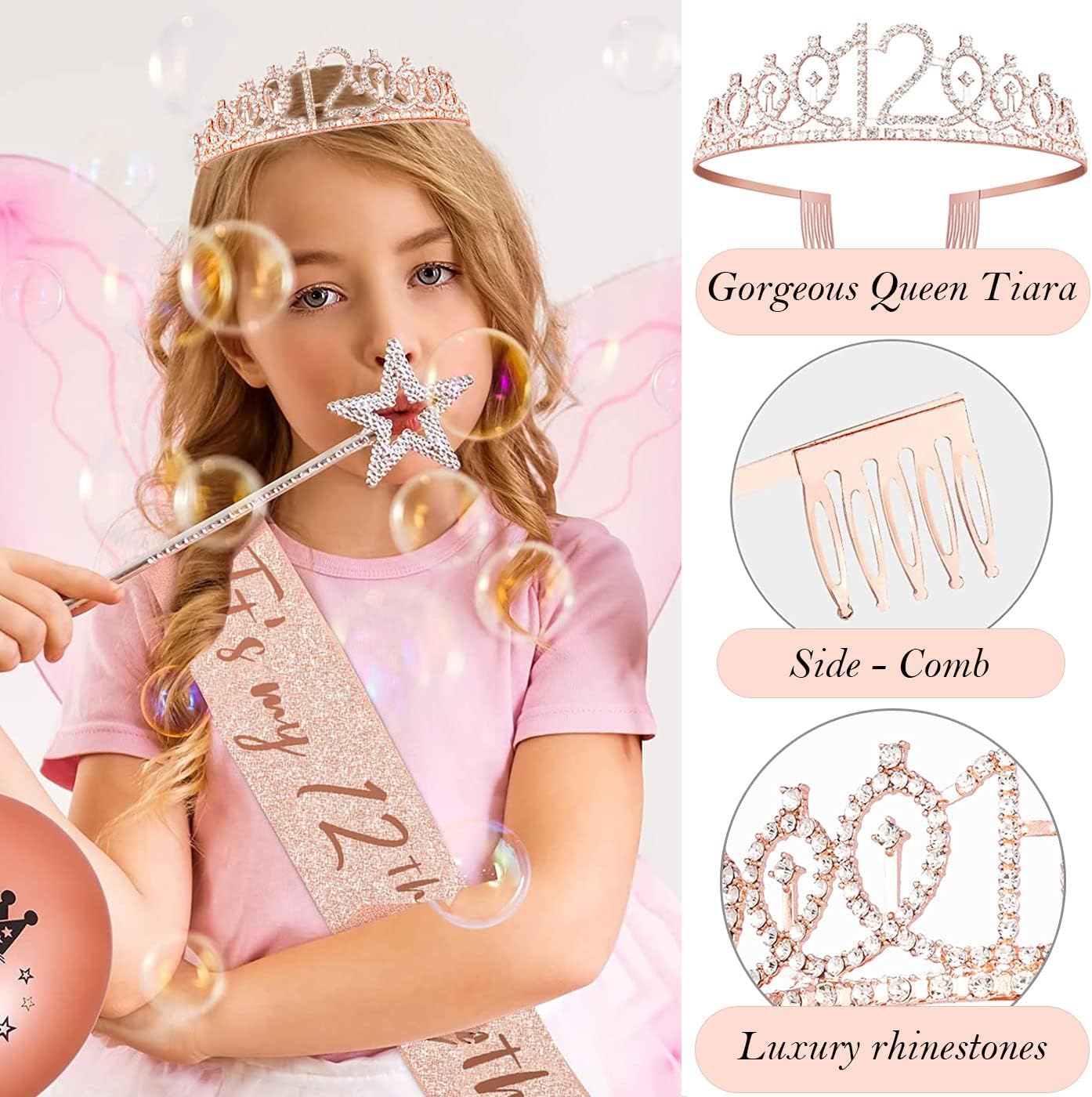 8pcs 40th Birthday Decorations gifts for Women, Including 40th Happy Birthday Cake Topper, Queen Sash with Pearl Pin, Sweet Rhinestone Tiara Crown for Women, Number Candles and Balloons (Rose Gold)