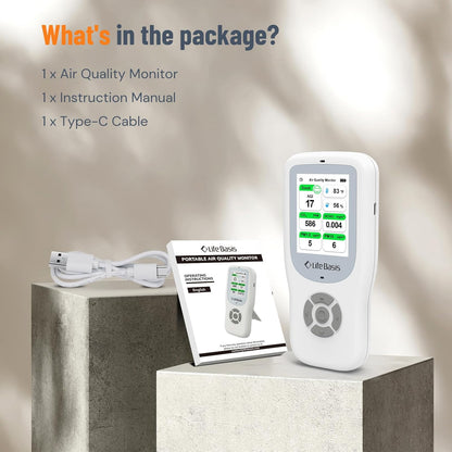 LifeBasis Air Quality Monitor Indoor, 10-in-1 Air Quality Detector with Stand, Real-Time Air Meter Test AQI, PM1.0, PM2.5, PM10, CO2, TVOC, HCHO, Particles, Temperature and Humidity with Alert -White