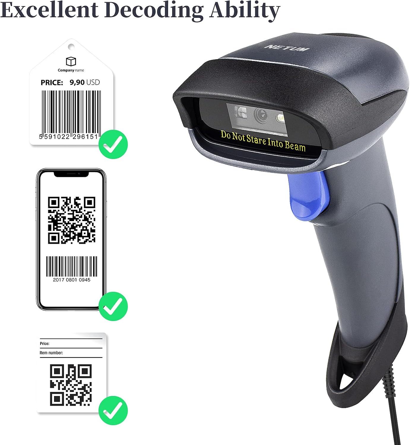 NETUM Wired QR Code Scanner, USB 1D 2D Handheld Barcode Scanner Compatible for Laptops, Computers, Cashier POS System (2D-M5S)