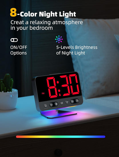 Odokee Digital Alarm Clocks for Bedrooms: Large Bold Number 5 Brightness Dimmer - Easy to Read Across The Room - 5 Alarm Sound 8 Night Light - Silver