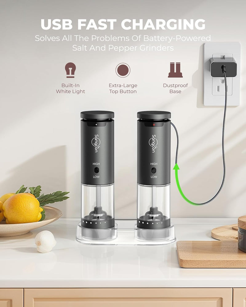 Sangcon 2-Speed Rechargeable Electric Salt and Pepper Grinder Set, 6 External Adjustable Coarseness Levels, Automatic Salt & Pepper Mill Shakers Set with Storage Base, One-Handed Operation, Silver