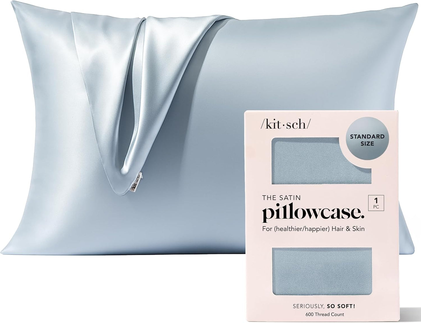Kitsch Satin Pillowcase with Zipper, Standard Size 19"x26" - Haze Blue | Softer Than Silk Pillow Cases, Smooth Cooling Satin Pillow Case for Hair and Skin, Wrinkle-Free, Machine Washable