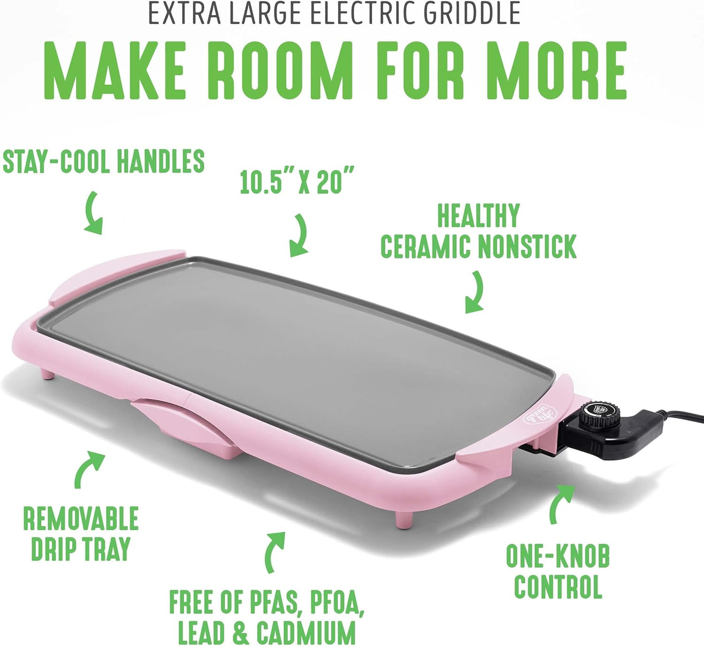 GreenLife Healthy Ceramic Nonstick, Extra Large 20" Electric Griddle for Pancakes Eggs Burgers and More, Stay Cool Handles, Removable Drip Tray, Adjustable Temperature Control, PFAS-Free, Soft Pink