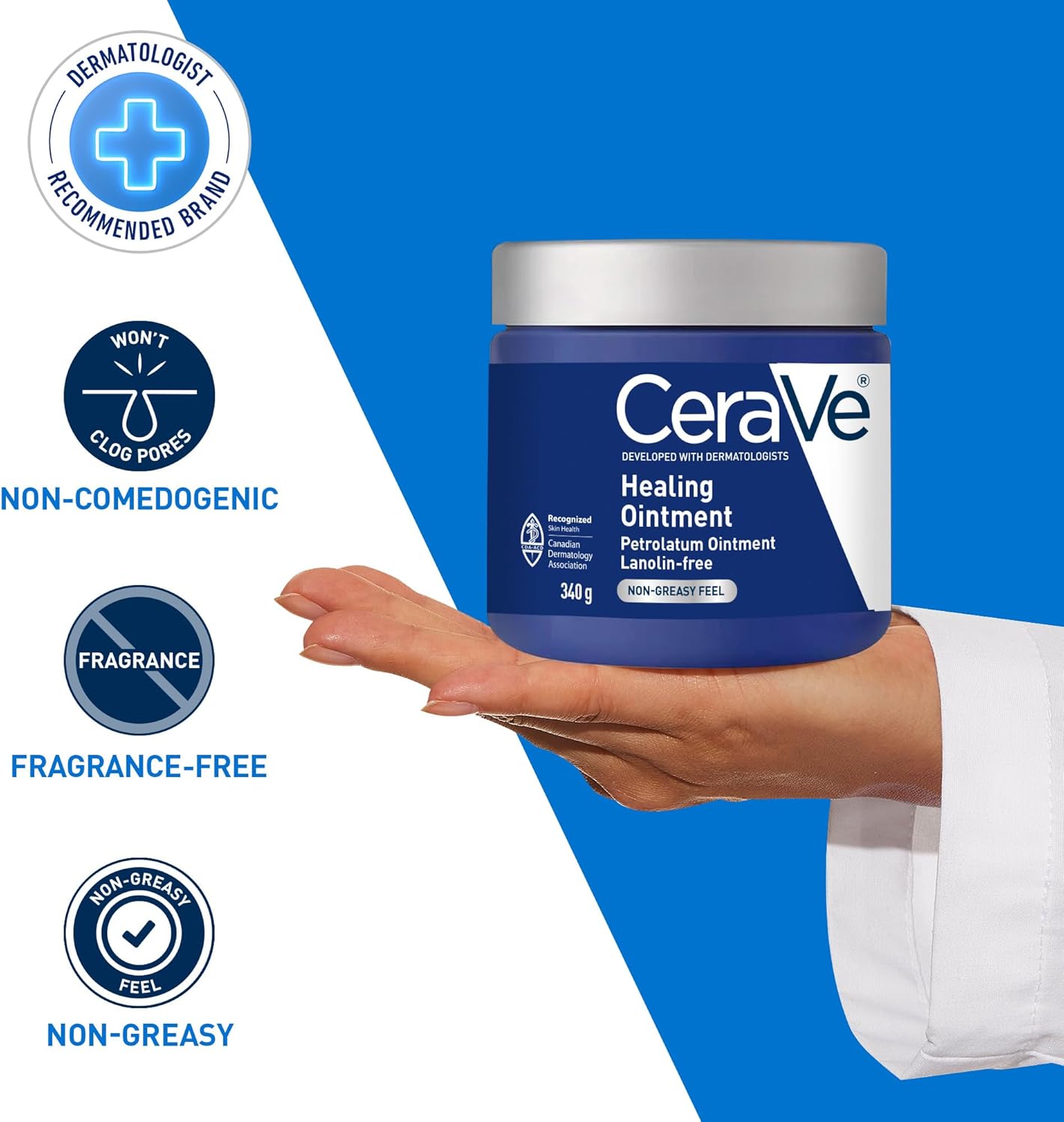 CeraVe Healing Ointment, Moisturizing Petrolatum Skin Protectant for Dry Skin with Hyaluronic Acid and Ceramides, Multi-Purpose Face, Body & Lip Balm, Lanolin-Free & Fragrance-Free, 340g