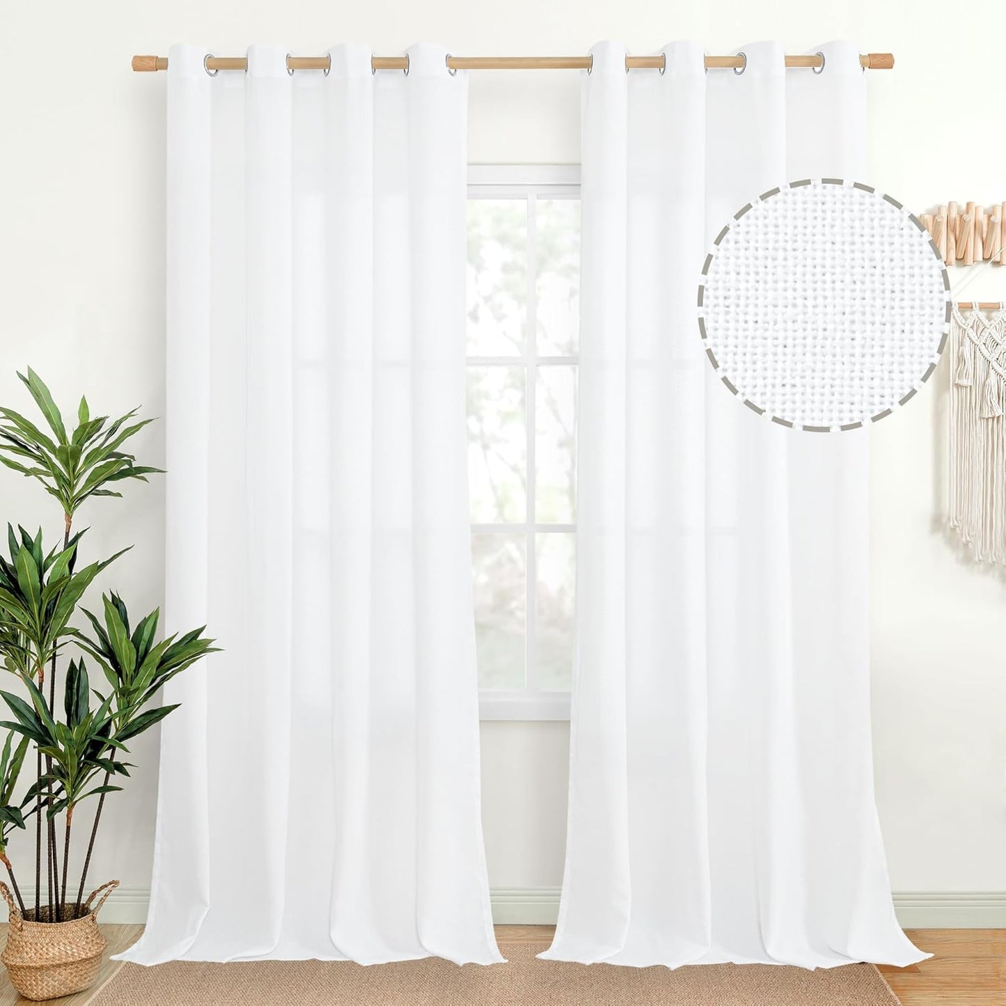 YoungsTex Natural Linen Curtains 84 Inch Long for Living Room Bedroom Grommet Top Light Filtering Privacy Linen Textured Window Semi Sheer Drapes, 2 Panels, 52x84 Inch, Natural