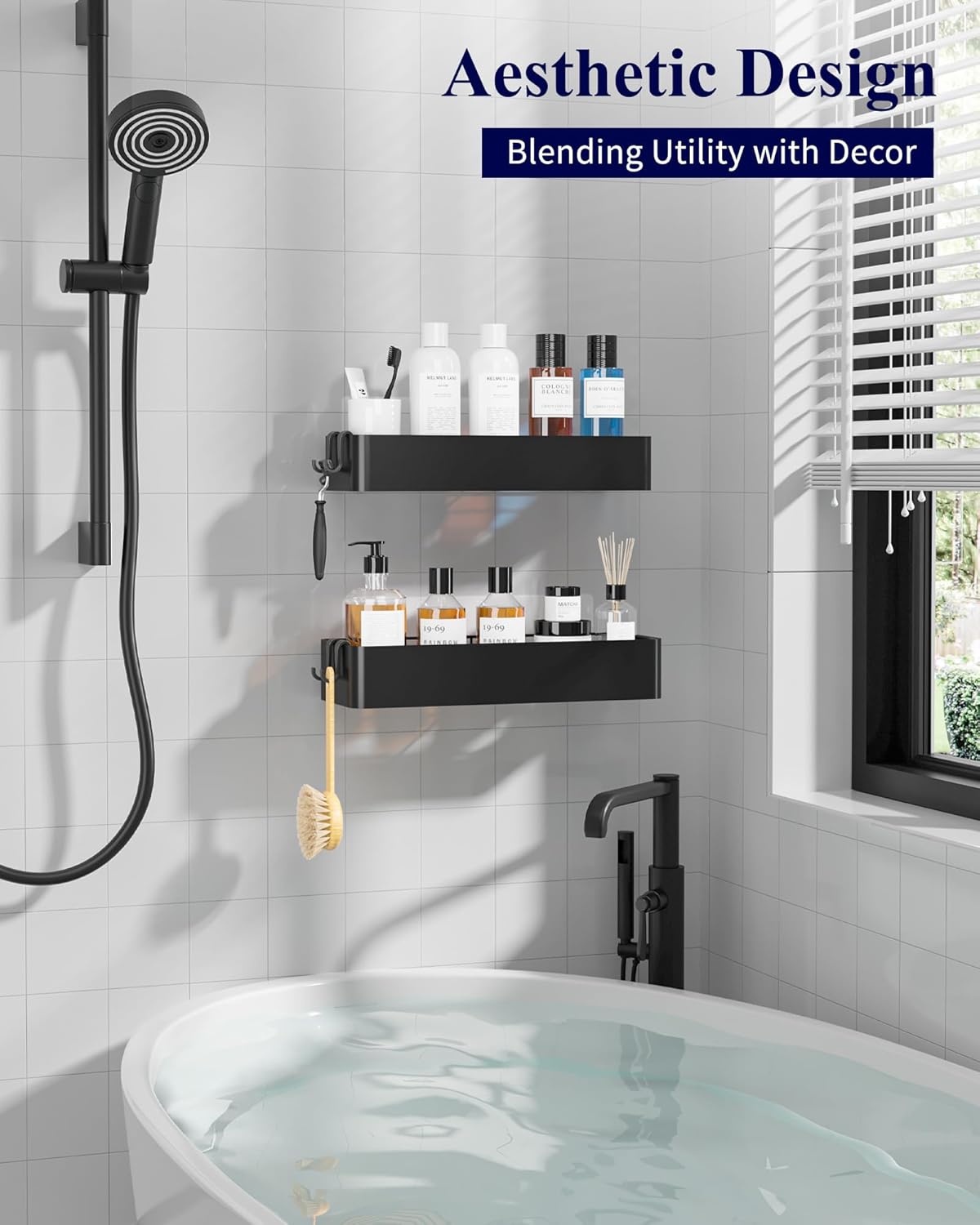 Kitsure Large Shower Caddy - 2 Pack Adhesive Shower Organizer, Drill-Free Shower Shelves for Inside Shower, Rustproof Bathroom Shelf Shower Shelf for Bathroom, Black
