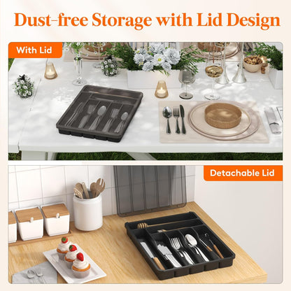 Silverware Organizer with Lid, 7-Compartment Covered Utensil Tray for Kitchen Drawers and Countertops, Plastic Cutlery and Flatware Storage Box, Black - PuriLite