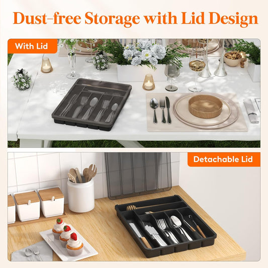 Silverware Organizer with Lid, 7-Compartment Covered Utensil Tray for Kitchen Drawers and Countertops, Plastic Cutlery and Flatware Storage Box, Black - PuriLite
