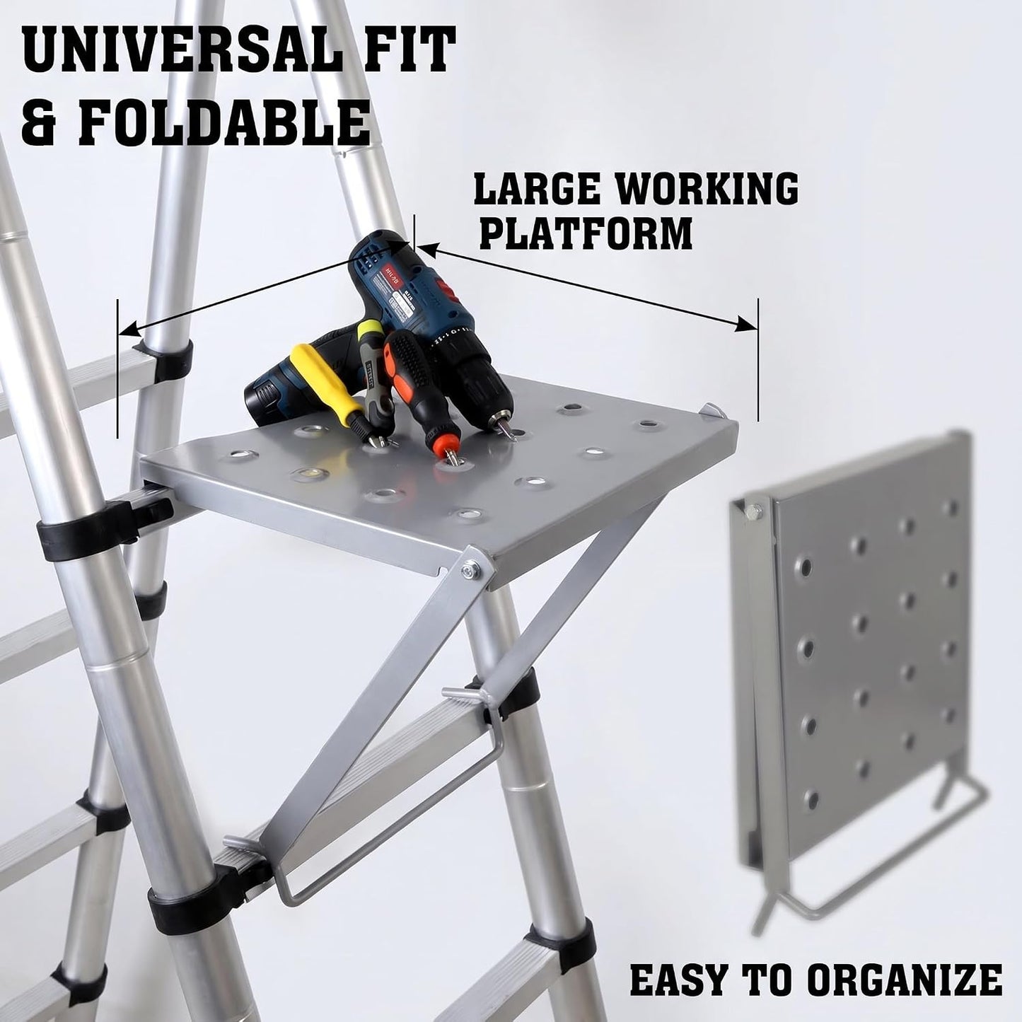 Ladder Platform Attachment,Steel Ladder Work Platform Extension | 400lbs capacity 10.6×13.8in anti-slip ladder work platform foldable attachment fits most ladders with 11.5"-14" rung spacing
