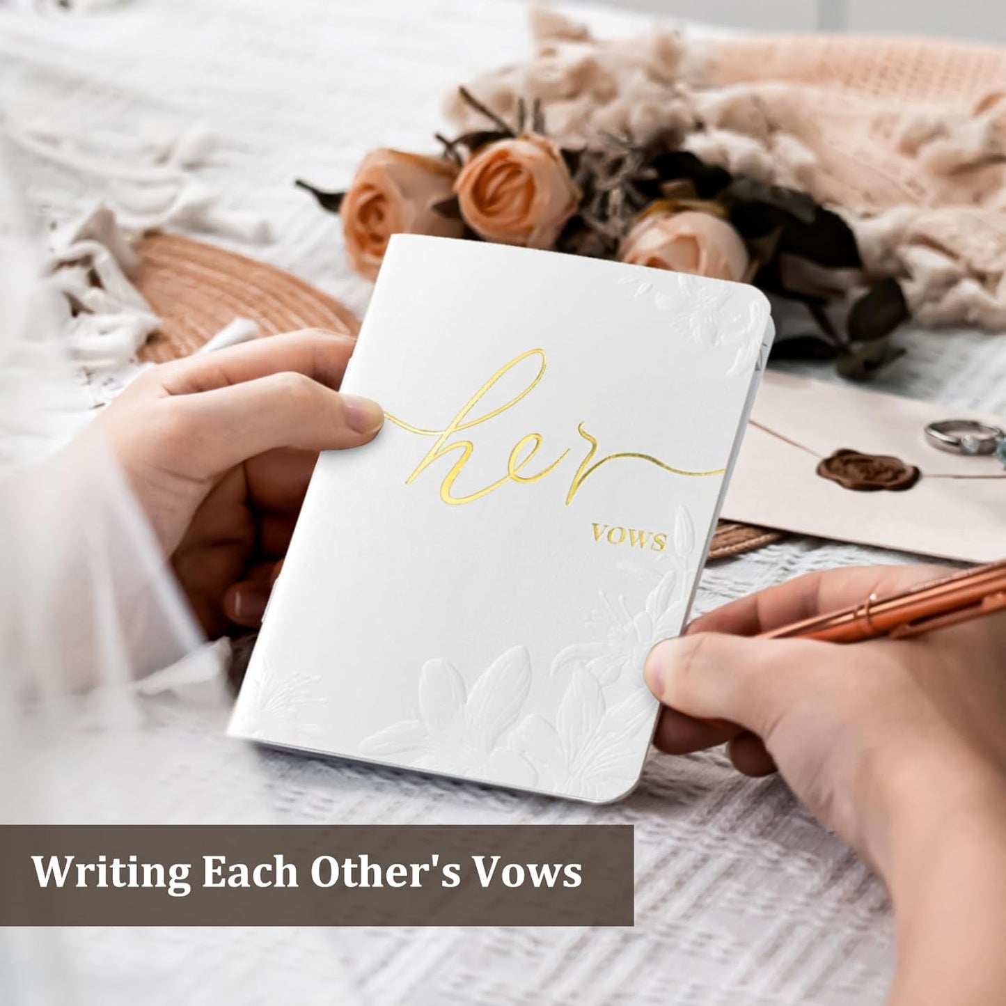 WEMATE Vow Books His and Hers,Wedding Vow Book with Gold Foil and 2 Pens, Wedding Essentials, Beautiful Wedding Present Stuff - Brown and Apricot