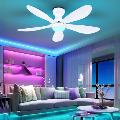 Modern Ceiling Fans with Lights Remote/APP Control, 29" Flush Mount Ceiling Fans with 3 CCT Dimmable Lights, Low Profile Ceiling Fans with 5 Propeller Blades LED Lights for Kids Room Bedroom, Brown - PuriLite