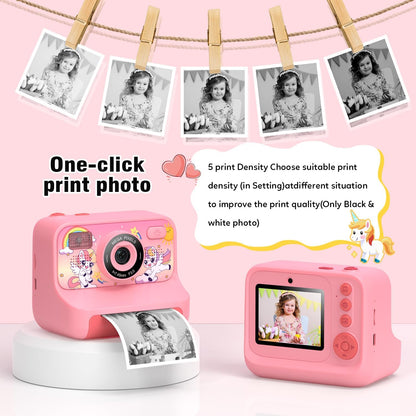 Instant Print Camera for Kids Age 3-12 Girls Boys 1080P Selfie HD Digital Video Cameras with 6 Print Paper & 32G Card Toddler Portable Travel Toys Camera for Christmas Birthday Gifts