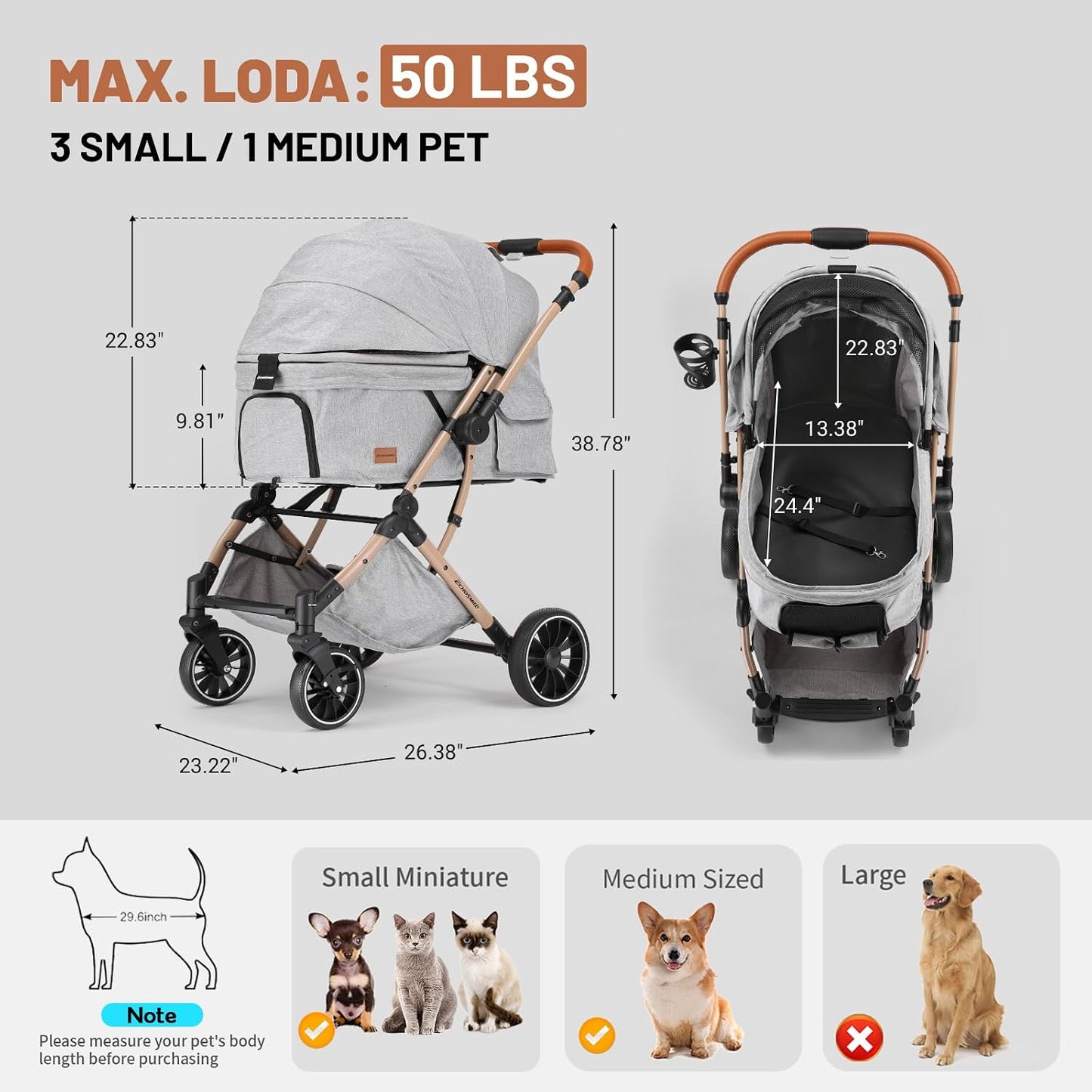EchoSmile Pet Stroller for Dogs & Cats - One-Touch Foldable Design, Reversible Handle, Shock Absorbing Wheels, Large Pet Carrier Holds 3 Small/Medium Pets (50lbs), Removable Washable Pad & Storage Basket(Gray)