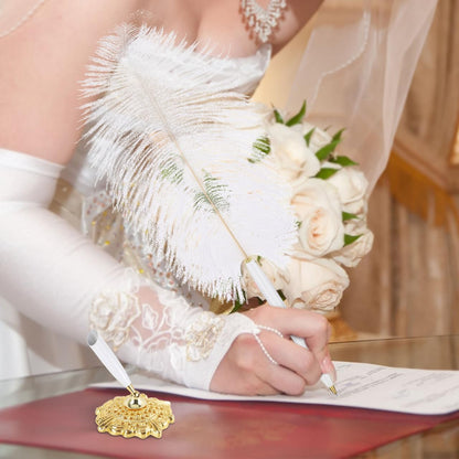 Hemobllo Fancy Pen: Creative Natural Ostrich Quill Pen with Gold Holder Base for Wedding Engagement Party, Guest, Office, Signing - Black Ink - PuriLite