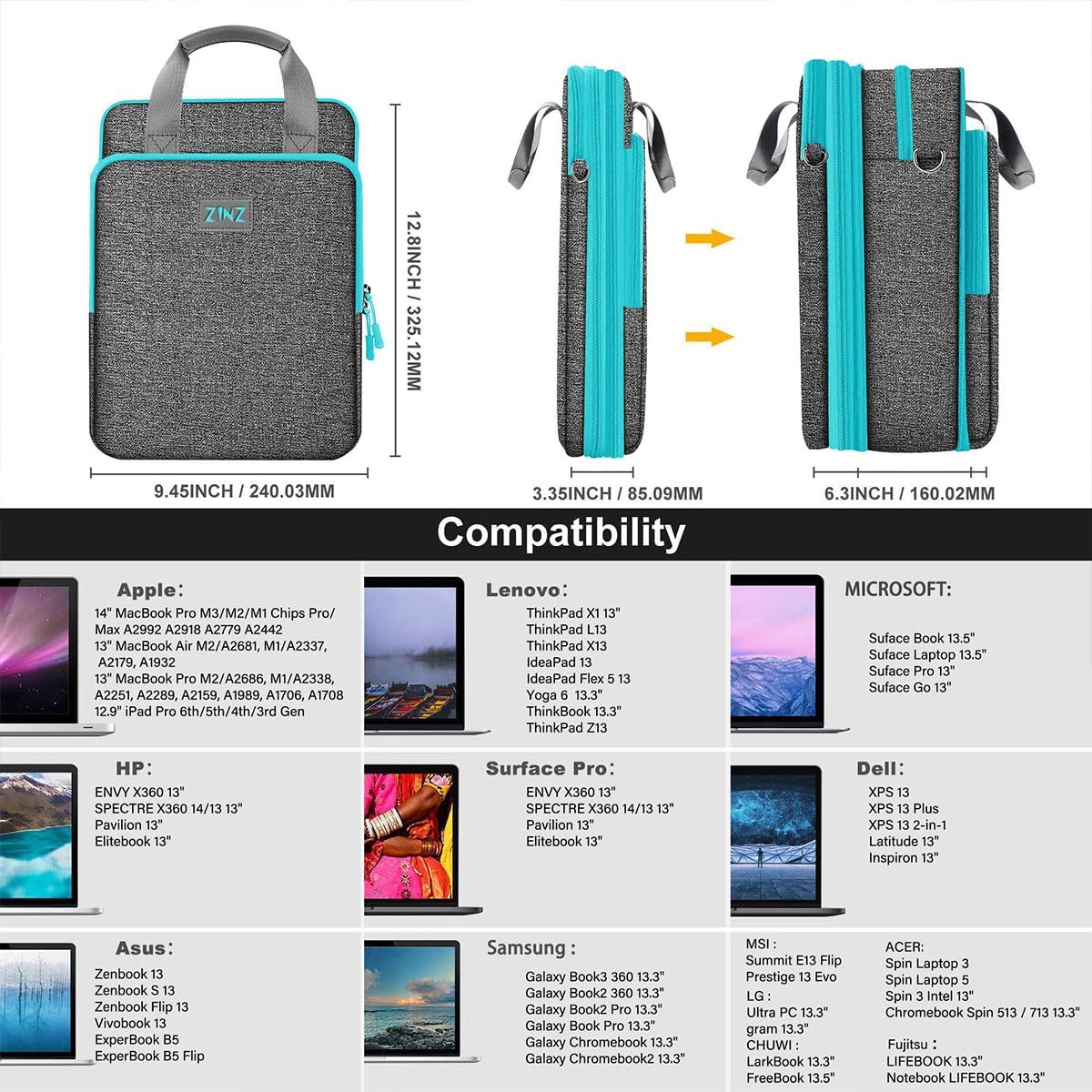 ZINZ Slim & Expandable Case 12.9 13 inch Travel Laptop Shoulder Bag for MacBook Air 13" M3/M2/M1, MacBook Pro 13" M2/M1, iPad Pro 12.9"/13"/11", iPad Air 13",L01G03 - PuriLite
