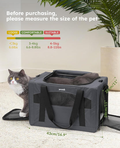 Pecute Cat Carrier Dog Carrier with Stable Structure, Breathable Mesh Fabric Pet Carrier for for Small Cats Dogs Puppies up to 5KG,Soft-Sided Dog Carrier Suitable for Both Long and Short Trips,Gray