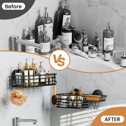 LEVERLOC Shower Caddy Suction Cup, 2 Pack Black Shower Shelf with Hooks and Soap Holder, NO-Drilling Bathroom Organizer, Rustproof Metal Bathroom Storage and Organization