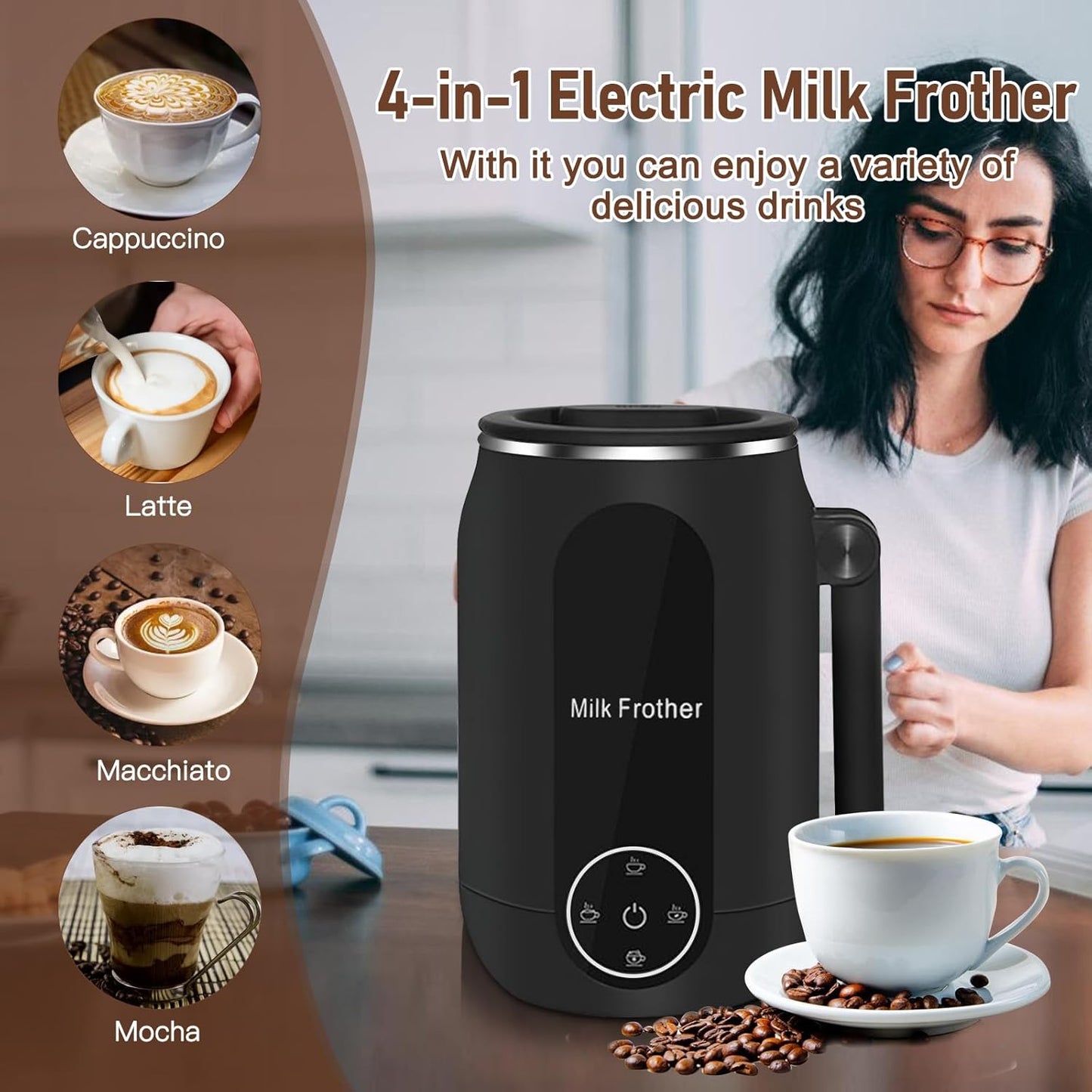 Milk Frother, 4 in 1 Frother for Coffee, 450ML Automatic Hot and Cold Foam Maker and Milk Warmer with 45 Degree Foldable Handle for Coffee, Latte, Hot Chocolate