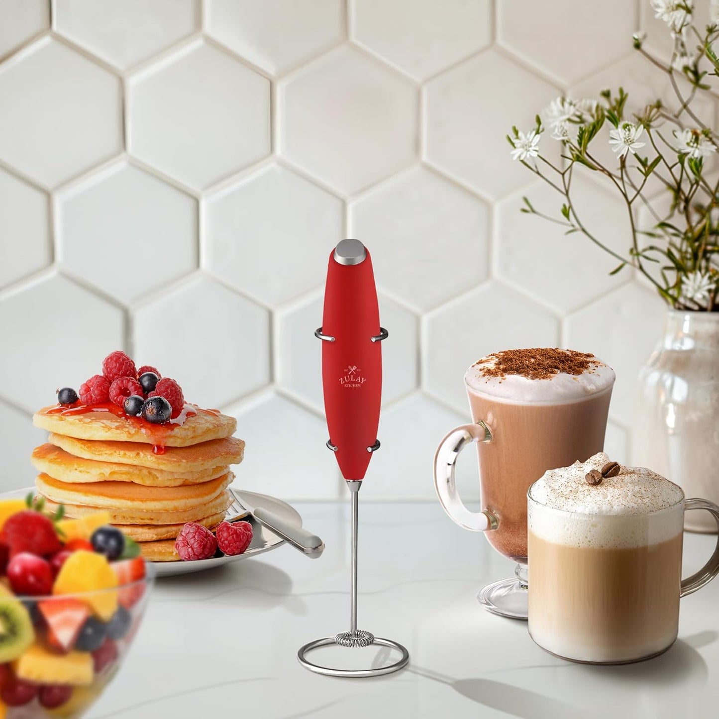 Zulay Kitchen Powerful Double Whisk Milk Frother Handheld - Foam Maker with Stand - Whisk Drink Mixer for Coffee, Mini Foamer for Latte, Matcha, Frappe, Hot Chocolate & Cappuccino (Black)