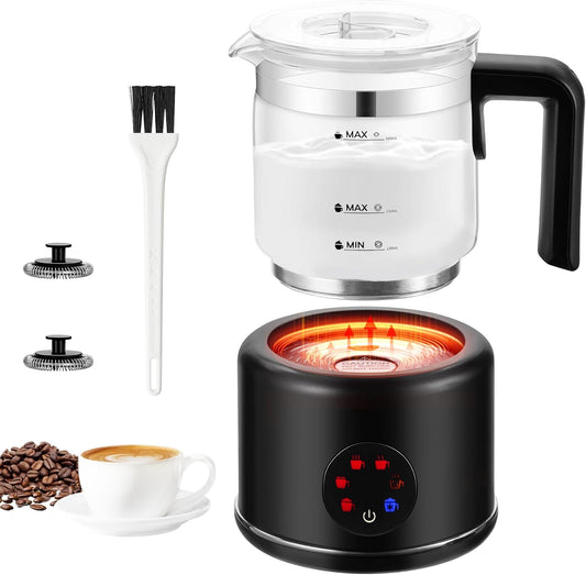JXXM 6-IN-1 Milk Frother 600 Watts, 22 oz Split Stainless Steel, Hot and Cold Milk Frother for Latte, Macchiato, Cappuccino and Hot Chocolate, Black