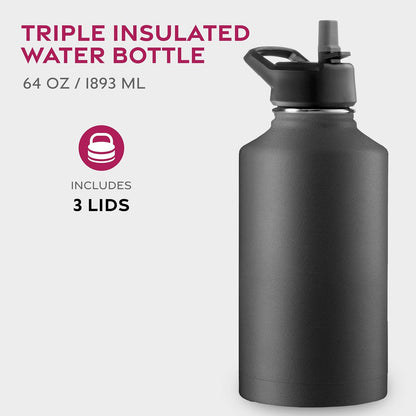 FineDine Water Bottle - Stainless Steel Insulated Water Bottle with Straw Lid, Flip Lid & Wide-Mouth Cap - Keeps Hot and Cold - 25 Oz / 739ml - Pure Pearly White