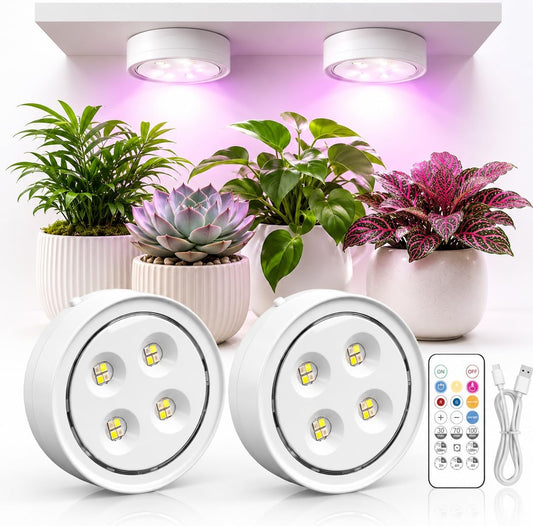 Rechargeable Grow Lights for Indoor Plants, 4000mAh Full Spectrum Wireless Magnetic Puck Grow Lights with Remote Control, Timer, Stepless Dimming and Type-C Charging for Plant Shelf and Flowers