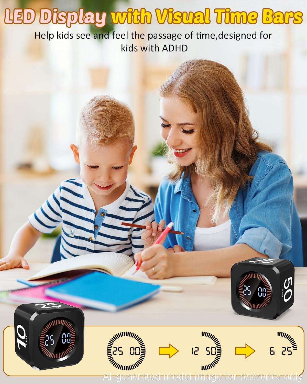 Digital Pomodoro Timer Cube 5/10/25/50min Preset, Silent & Sound Alarm | Visual Productivity Flip Timer for Kids Classroom Desk, Custom Countdown, Gravity Sensor, for ADHD Study Work Game Kitchen