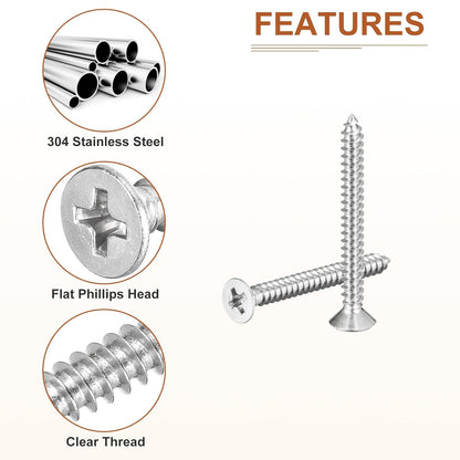 DTGN 100Pcs #6x1/2 Flat Head Wood Screws, 304 Stainless Steel Phillips Self Tapping Screws - Good for Woodworking, Furniture - Silver