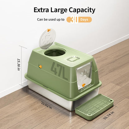 Eosarcu Stainless Steel Cat Litter Box with Lid, XL Large Enclosed Upgraded Litter Box with Removable Lid, Carbon Filters -Odor Free, Easy Cleaning, Anti-Urine Leakage for Big Cats/Multiples-Grey