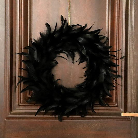 HLTER Halloween Feather Wreaths, Simulation Black Cocktail Feather Wreath, 40CM Front Door Wreath for Spooky Scene Party Halloween Decorations