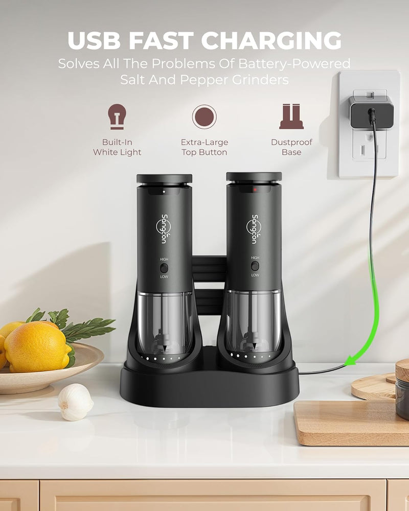 Sangcon 2-Speed Rechargeable Electric Salt and Pepper Grinder Set, 6 External Adjustable Coarseness Levels, Automatic Salt & Pepper Mill Shakers Set with Storage Base, One-Handed Operation, Silver