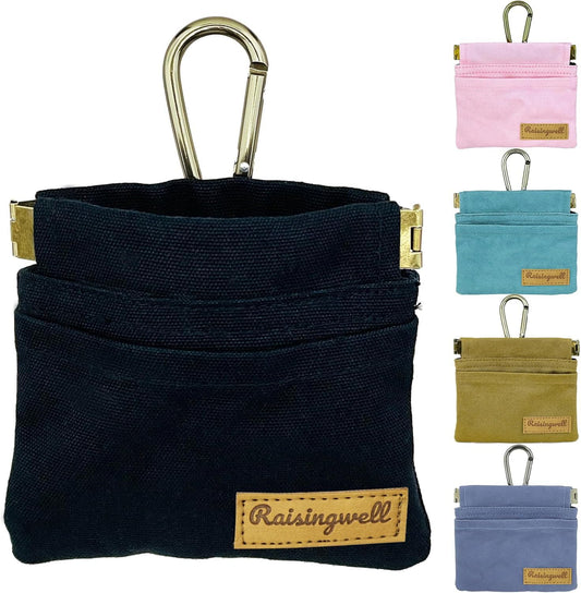 Raisingwell Dog Treat Pouch, Black Pocket Sized Pet Training Pouch, Cotton Fabric, Hand Free Dog Walking Bag with Carabiner, Self-Closing Pet Feed Snack Reward, for Pet Puppy Travel or Outdoor Use