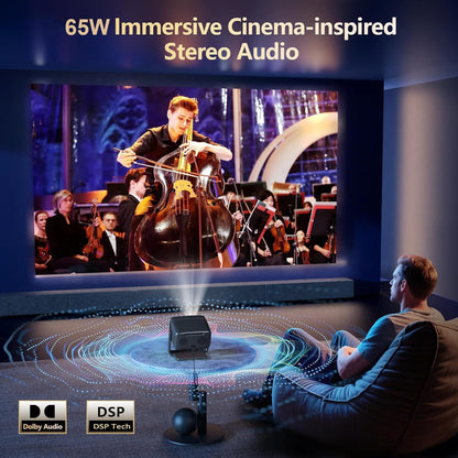 [4600 ANSI/Official Apps/65W Audio] Outdoor 4K Projector with WiFi and Bluetooth, Auto Focus, Auto Keystone Smart Projector Support DoIby Audio, Upgrade Short Throw Projector with 360°Stand
