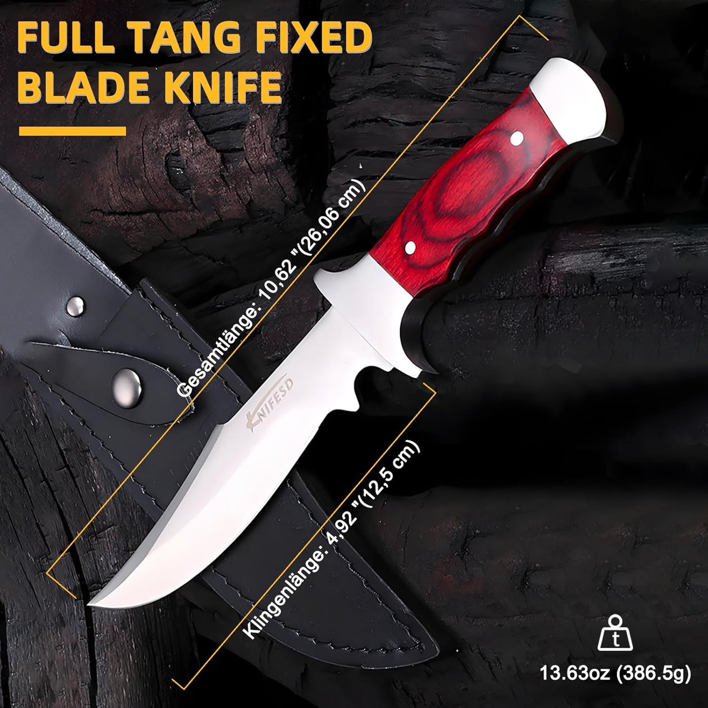 Omesio Fixed Blade Knives with Sheath Hunting Knife Bushcraft Knives Skinning Knife Deer Hunting Knives, Full Tang Big Camping Outdoor (B-Red)